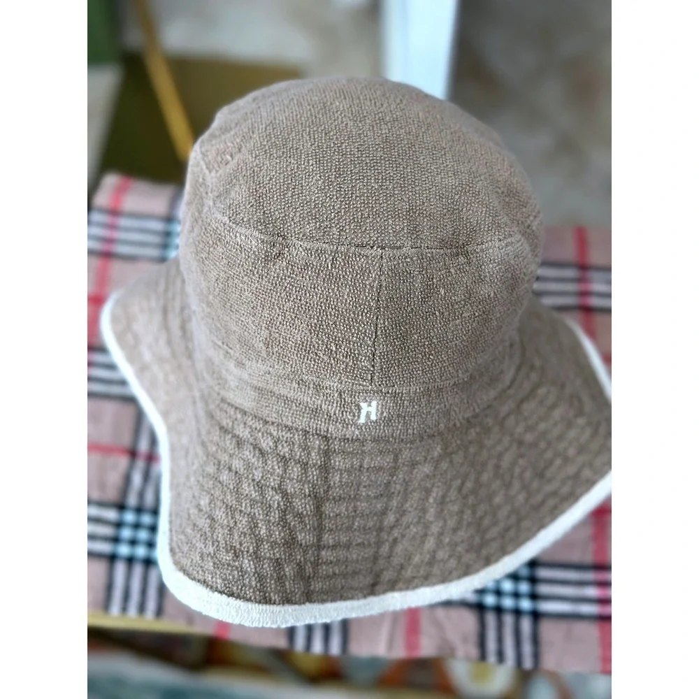 Hermes Bucket‎ Hat Size 58 Brown/Tan White Cotton Modal Linen Made in France